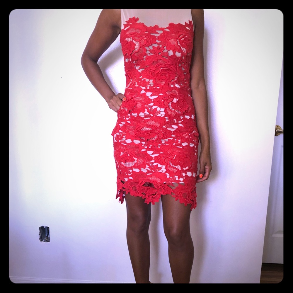 A Misguided Nude and Red Lace Dress